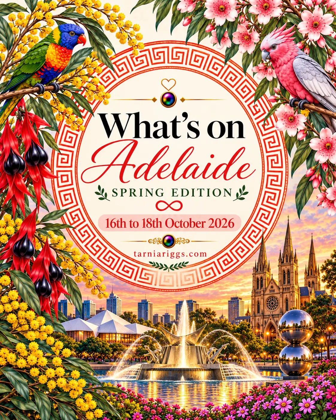 Adelaide spring weekend poster for 16–18 October 2026, featuring colourful birds, flowers, a fountain and city landmarks.