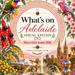 Adelaide spring poster for 9–11 October 2026, featuring the Three Rivers Fountain, city landmarks, native birds and colourful flowers.