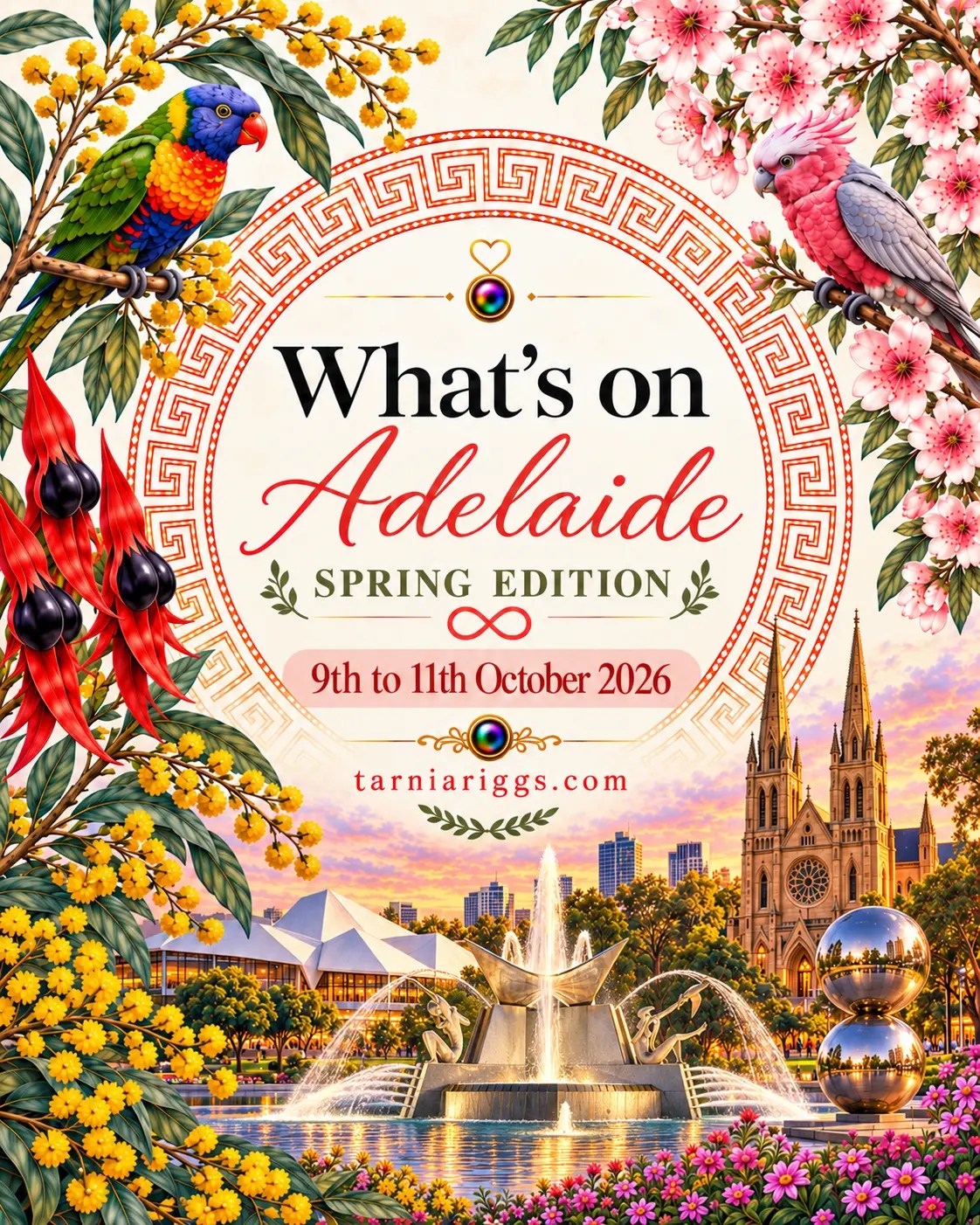 Adelaide spring poster for 9–11 October 2026, featuring the Three Rivers Fountain, city landmarks, native birds and colourful flowers.
