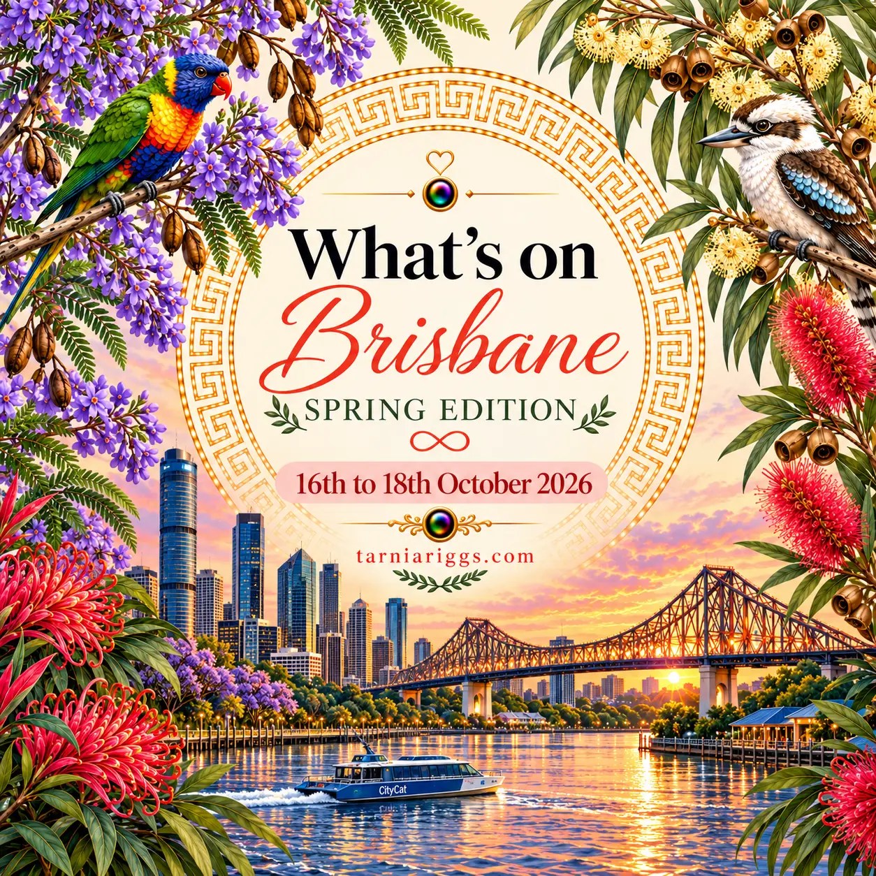 Brisbane spring weekend poster for 16–18 October 2026, showing Story Bridge, a river ferry, a lorikeet and a kookaburra.
