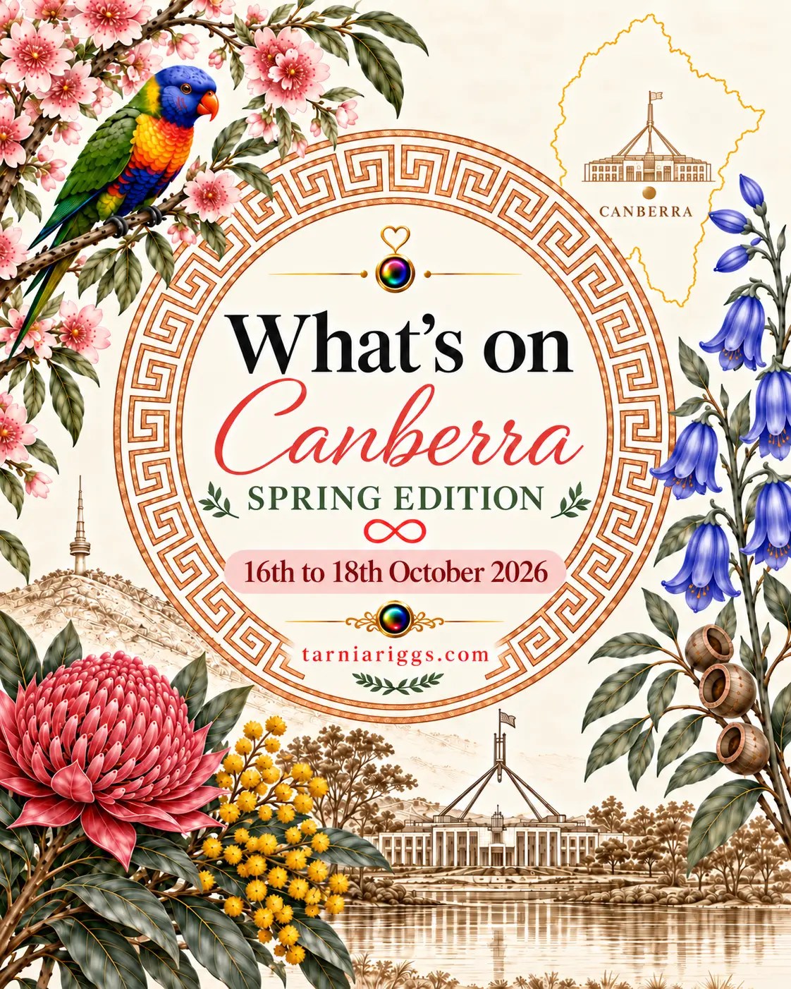 Canberra spring weekend poster for 16–18 October 2026, featuring Parliament House, a lorikeet, pink blossoms and blue flowers.