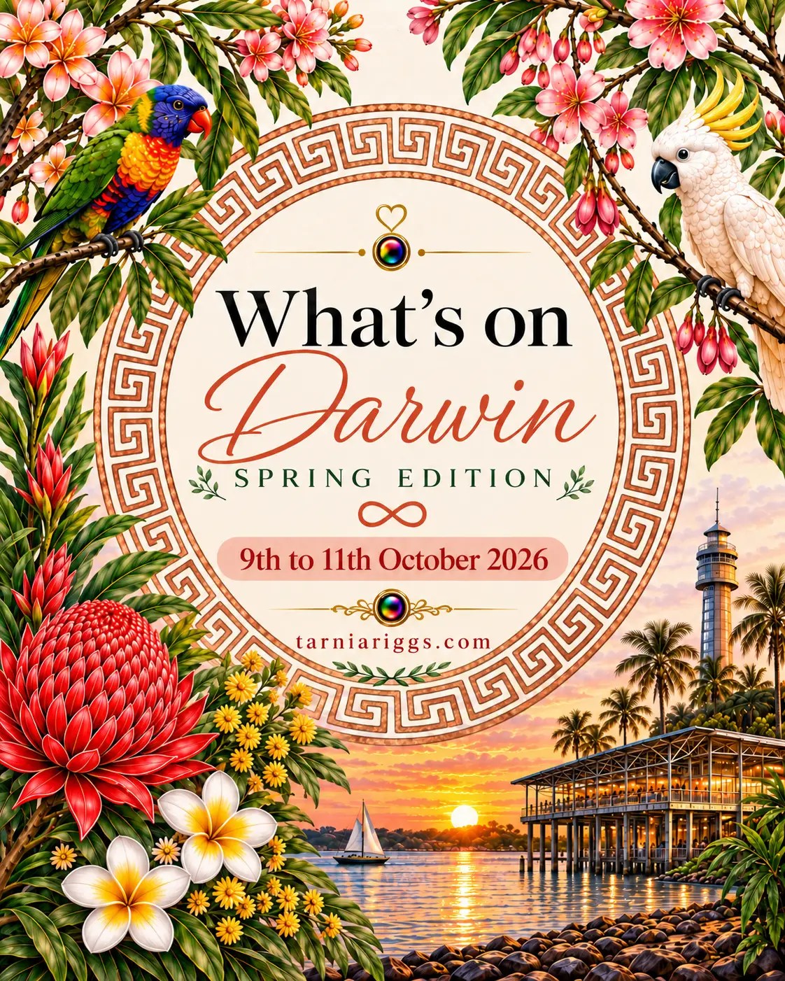 Darwin spring poster for 9–11 October 2026, featuring tropical flowers, a lorikeet, cockatoo and waterfront sunset with a sailboat.