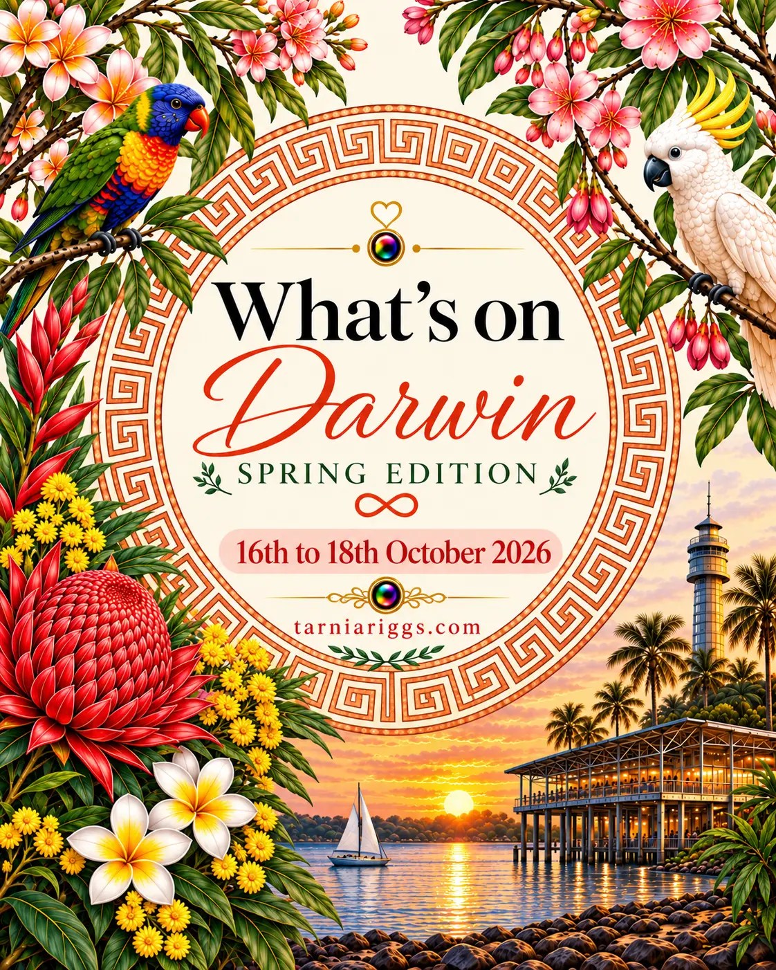 Darwin spring weekend poster for 16–18 October 2026, showing a tropical waterfront sunset, sailboat, lorikeet and white cockatoo.