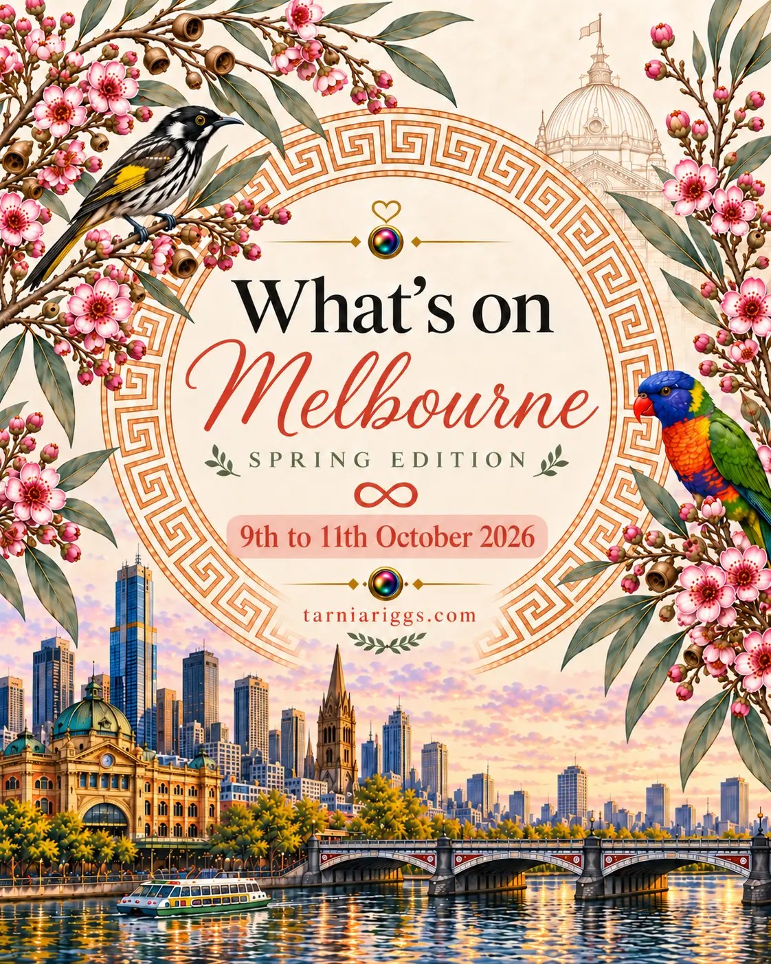 Melbourne spring weekend poster for 9–11 October 2026, featuring flowering gum branches, native birds and the city skyline beside the Yarra River.