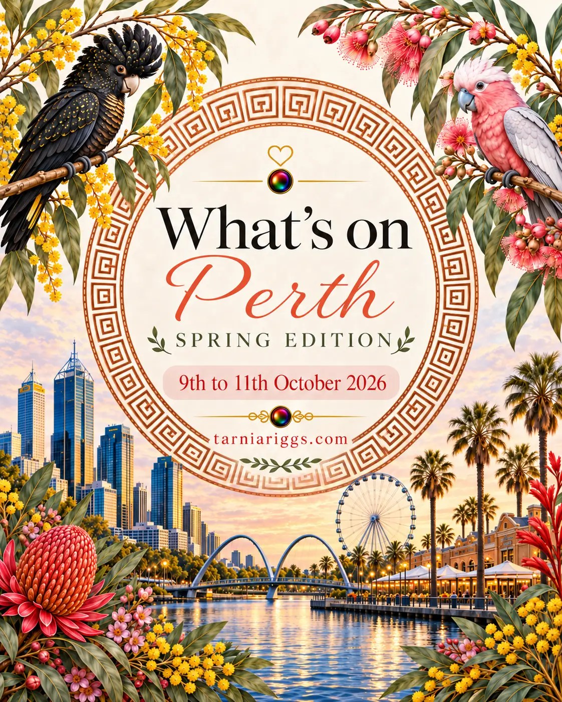 Perth spring poster for 9–11 October 2026, featuring a waterfront skyline, arched bridge, Ferris wheel, cockatoos and flowers.