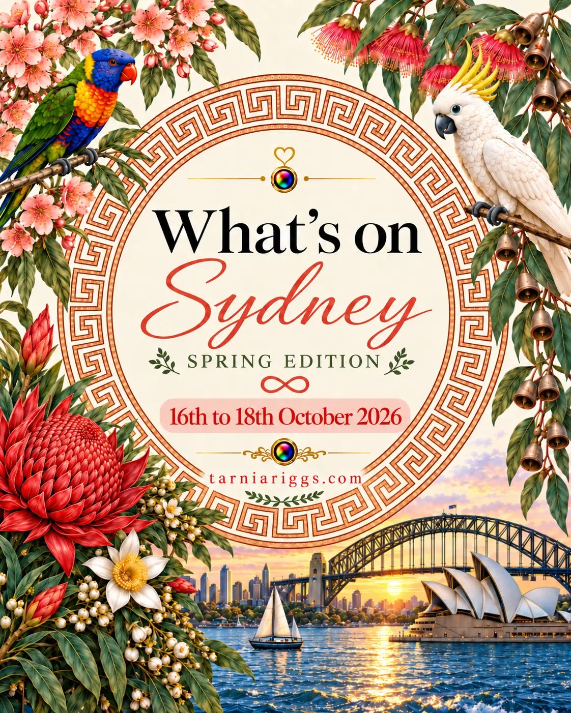 Sydney spring weekend poster for 16–18 October 2026, featuring the Opera House, Harbour Bridge, a lorikeet and a white cockatoo.