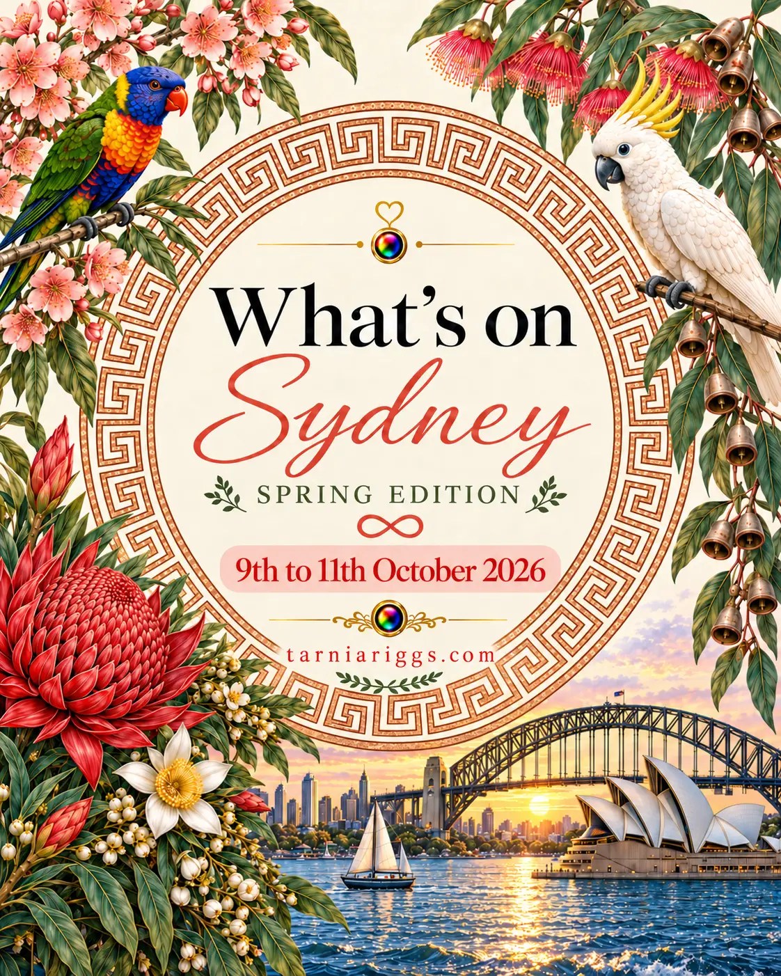 Sydney spring poster for 9–11 October 2026, featuring the Opera House, Harbour Bridge, a sailboat, native birds and flowers.