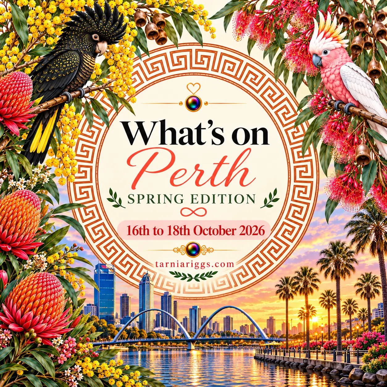Perth spring weekend poster for 16–18 October 2026, featuring Elizabeth Quay Bridge, waterfront palms, cockatoos and colourful flowers.