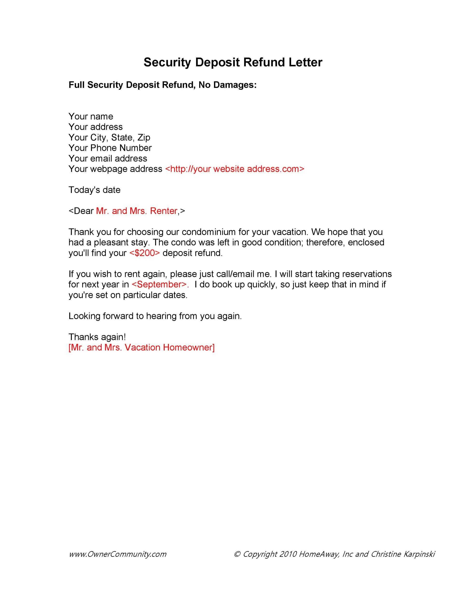 Not returning security deposit letter