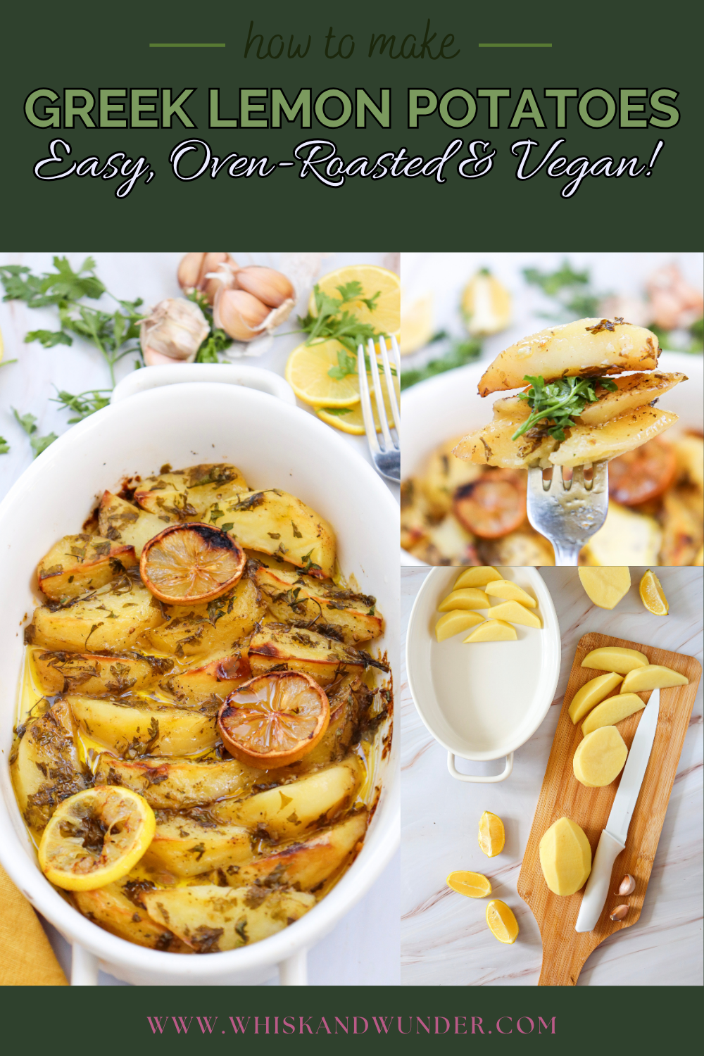 A vibrant dish of Greek lemon potatoes, garnished with lemon slices and herbs, displayed in a white baking dish, highlighting their golden, crispy edges.