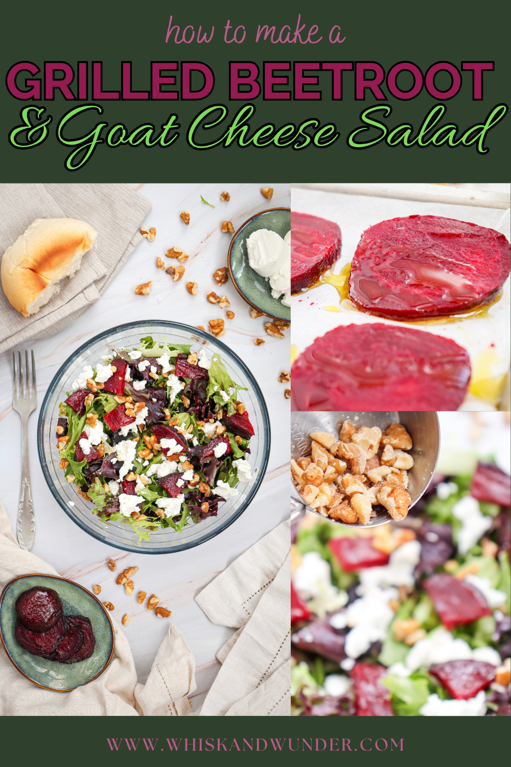 A beautifully arranged Grilled Beetroot & Goat Cheese salad featuring fresh greens, crumbled goat cheese, and toasted walnuts, with roasted beetroot slices on a plate and a side of a creamy dipping sauce.