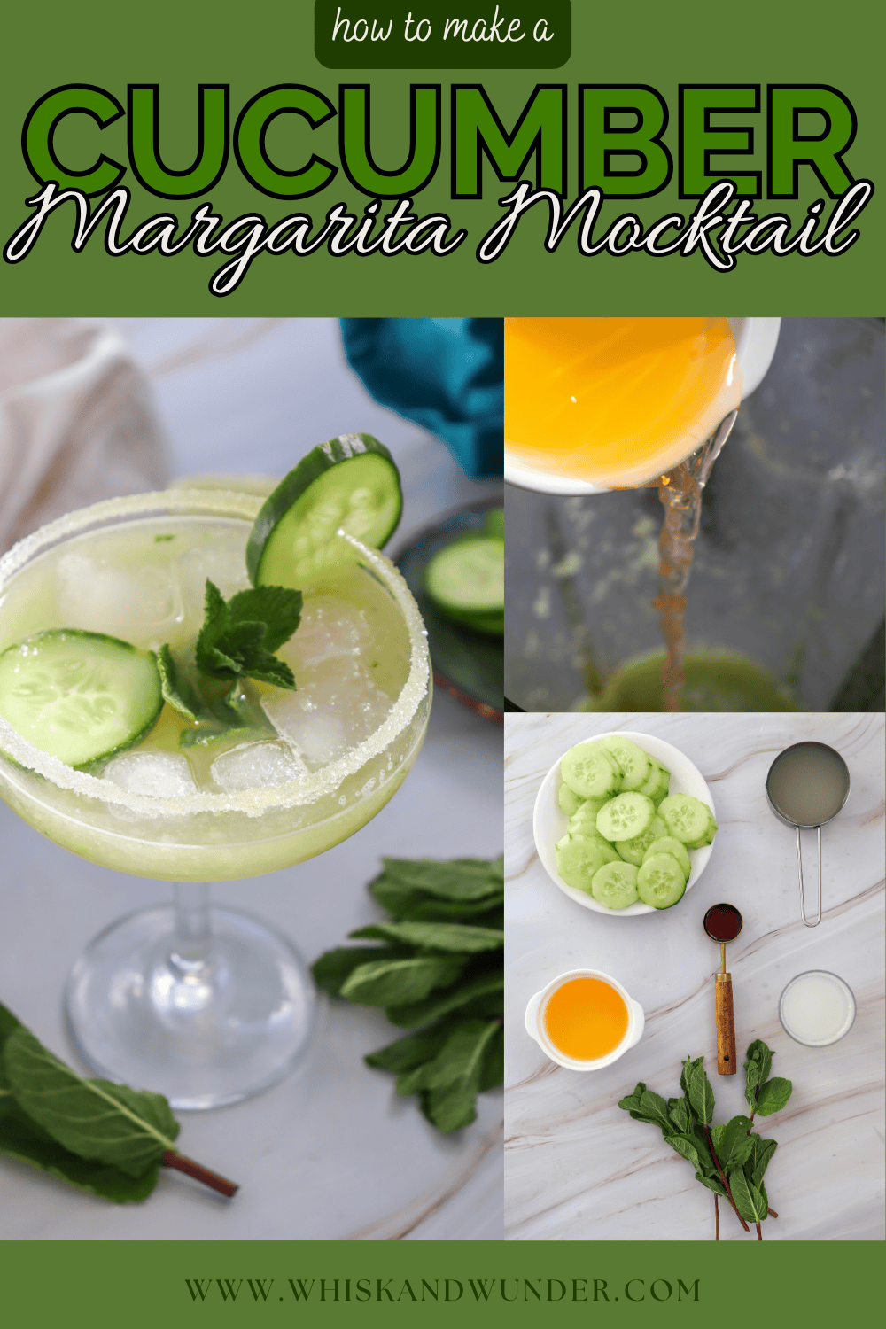 A vibrant cucumber margarita mocktail garnished with mint leaves and cucumber slices in a glass, accompanied by ingredients like orange juice, agave syrup, and fresh cucumber slices.