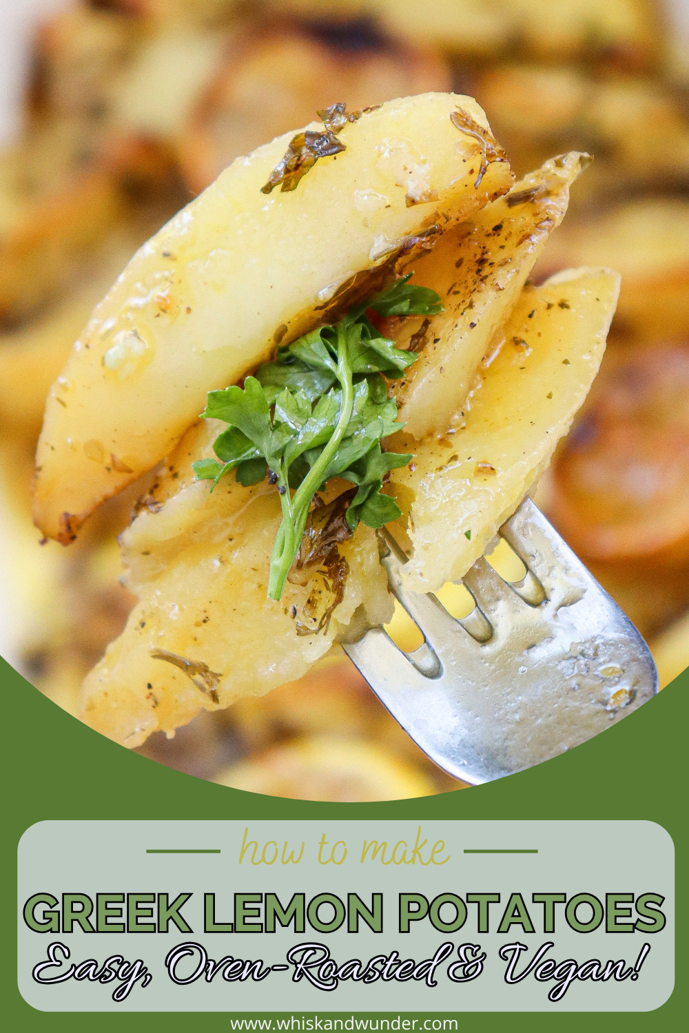 A fork holding a piece of Greek lemon potato garnished with fresh parsley, with a background of more roasted potatoes.