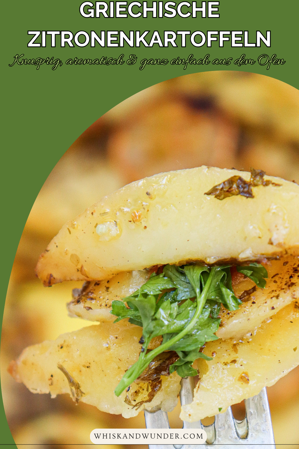 A close-up of crispy Greek lemon potatoes, garnished with fresh herbs, served on a fork against a green background.
