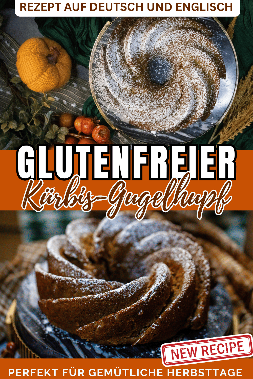Ein glutenfreier Kürbis-Gugelhupf, dekoriert mit Puderzucker, platziert auf einem rustikalen Untergrund mit herbstlichen Elementen wie Kürbissen und grünem Stoff.
