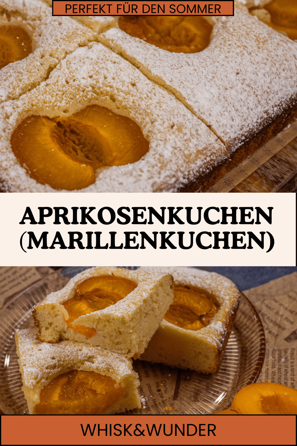 A freshly baked apricot cake (Aprikosenkuchen) topped with powdered sugar, featuring halved apricots embedded in the cake. The cake is displayed on a wooden surface with a rustic backdrop.