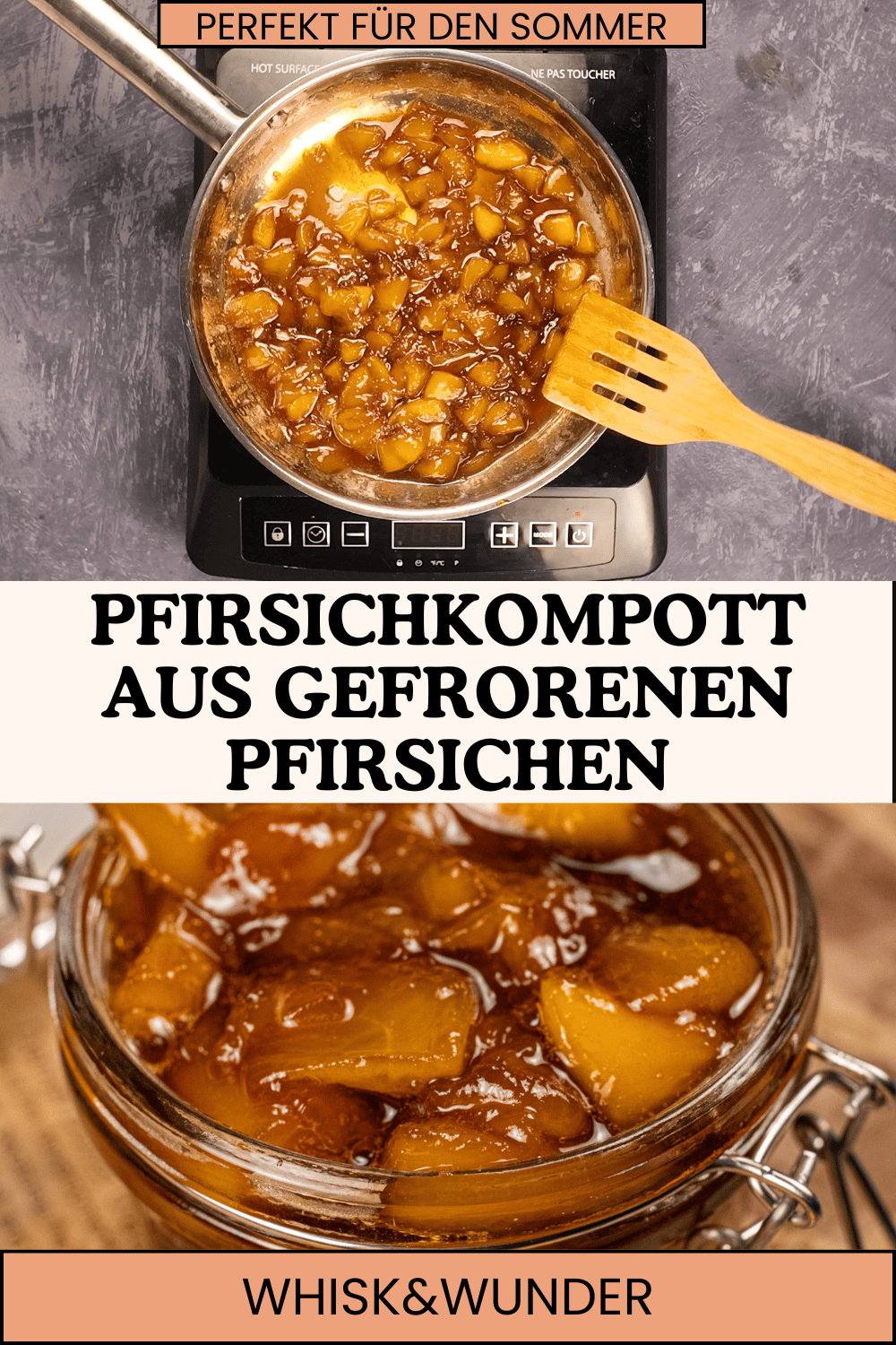 A pot of peach compote cooking on a stovetop, with diced peaches visible in a caramelized sauce. A wooden spatula is being used to stir the mixture.