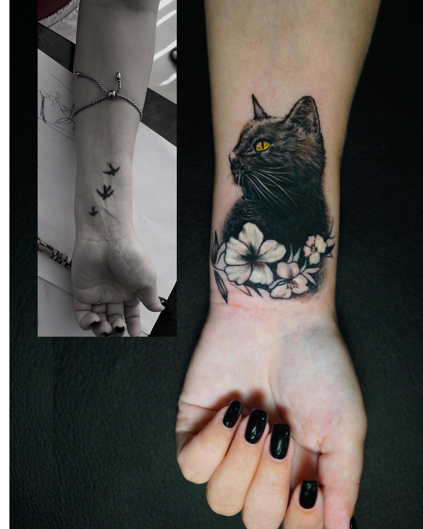black & grey fine line tattoo of cat on the hand