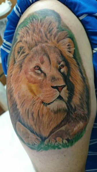 Tatuaje De Una Cabeza De Leon A Color En El Brazo