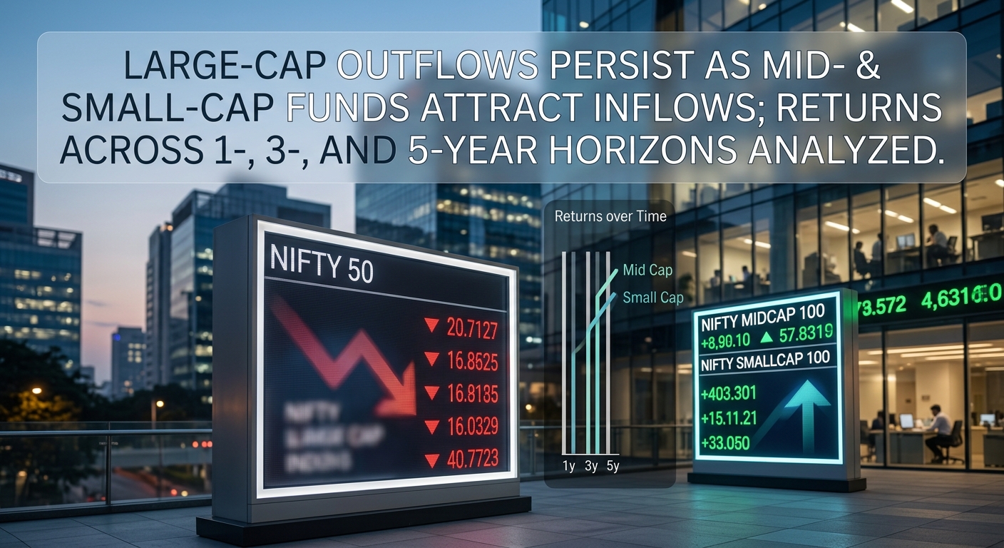 Large-cap outflows persist as mid- and small-cap funds attract inflows; returns across 1-, 3-, and 5-year horizons analyzed