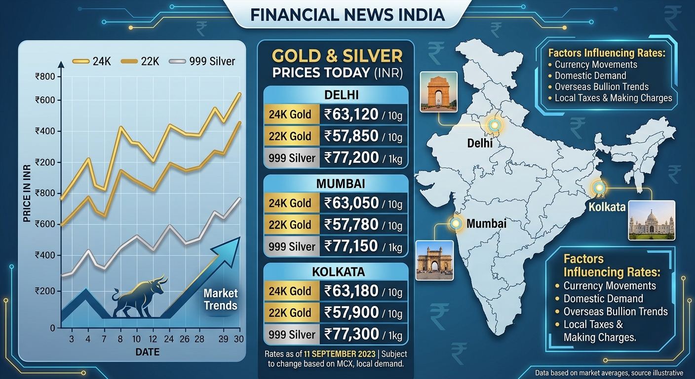Gold and silver prices today: latest 24K, 22K gold and 999 silver retail rates across Delhi, Mumbai and Kolkata