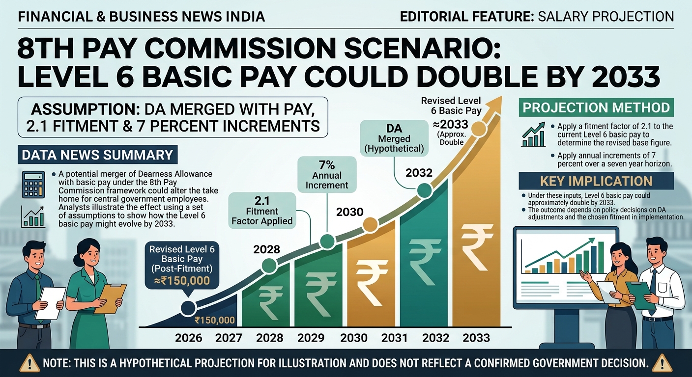 8th Pay Commission Scenario: Level 6 Basic Pay Could Double by 2033 if DA Is Merged with Pay Under 2.1 Fitment and 7 Percent Increments