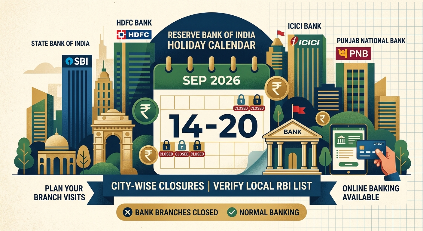 Bank Holidays 14–20 Sept 2026: City-Wise Closures for SBI, HDFC, ICICI and PNB