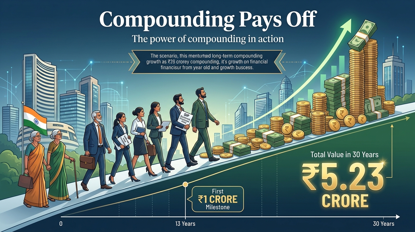 Compounding pays off: ₹30 lakh grows to ₹5.23 crore in 30 years, with the first ₹1 crore milestone after about 13 years