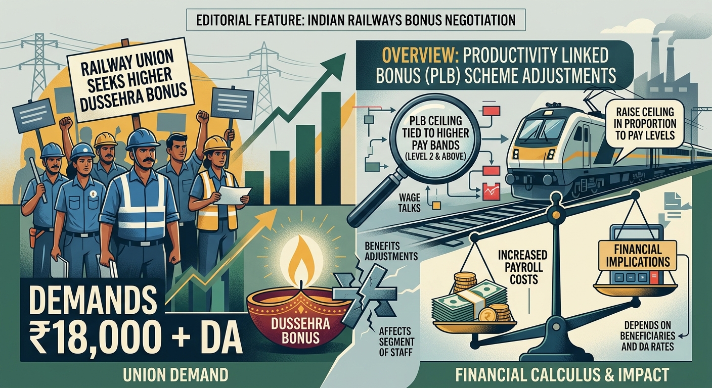 Railway union seeks higher Dussehra bonus: PLB ceiling tied to higher pay bands, demands ₹18,000 plus Dearness Allowance