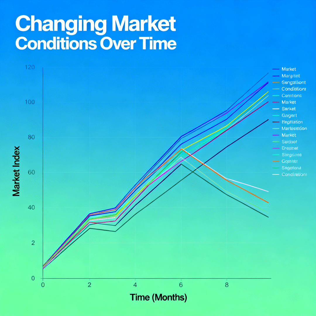 Business market performance graphs showing revenue trends, financial data, and changing market conditions.