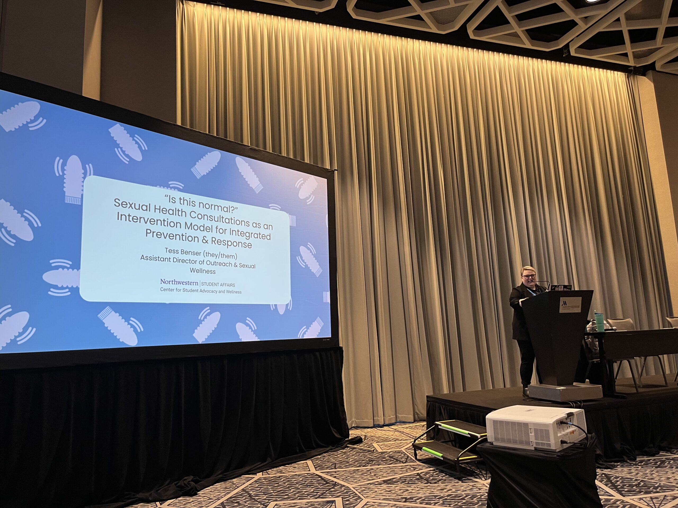 Tess presenting "Is This Normal?" Sexual Health Consultations as an Intervention Model for Integrated Prevention & Response at 2026 NASPA Strategies conferences.