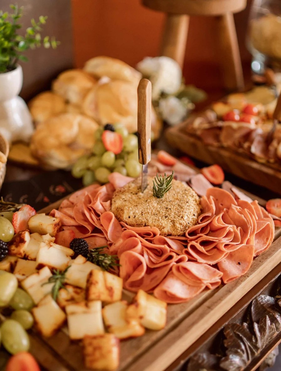 Haitian-style appetizer board with deli meats, cheese cubes, grapes, and a seasoned cheese ball centerpiece