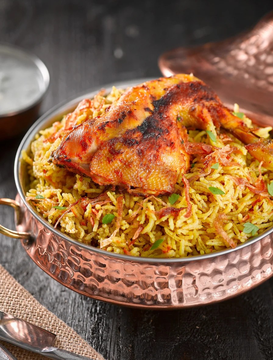 Haitian fried chicken served over seasoned rice with herbs in a traditional metal bowl