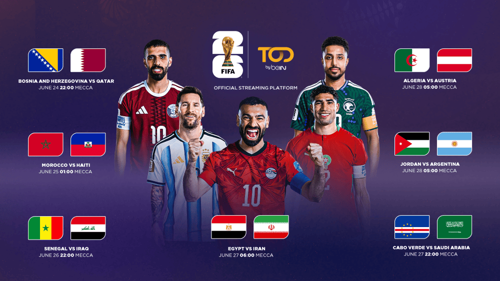 FIFA World Cup 26 match schedule on TOD: Bosnia vs Qatar (24 Jun), Morocco vs Haiti (25 Jun), Senegal vs Iraq (26 Jun), Egypt vs Iran (27 Jun), Algeria vs Austria, Jordan vs Argentina (28 Jun), Cabo Verde vs Saudi Arabia (27 Jun)