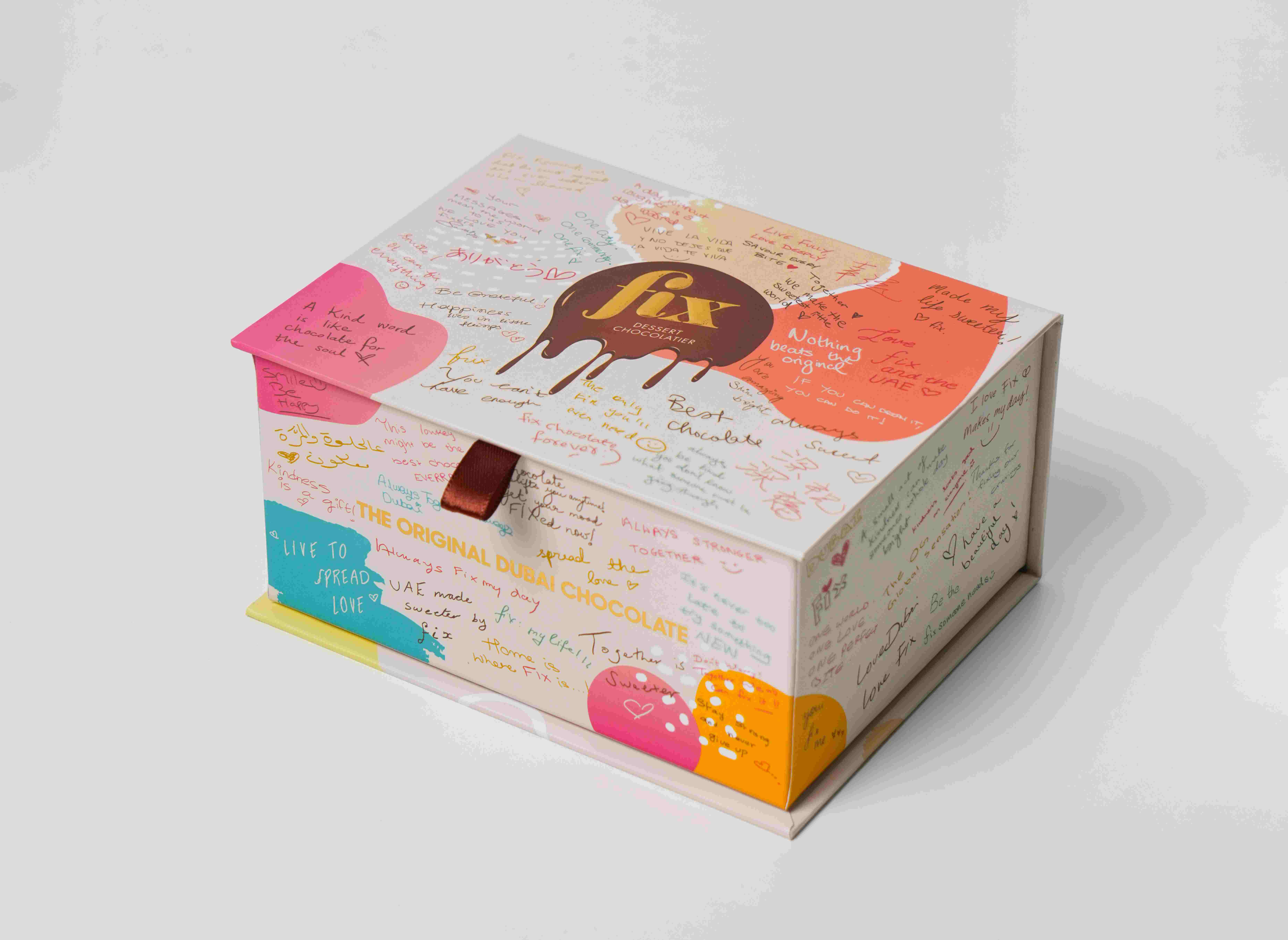 From Dubai With Love Hero Box by FIX Dubai Chocolate, printed with community messages