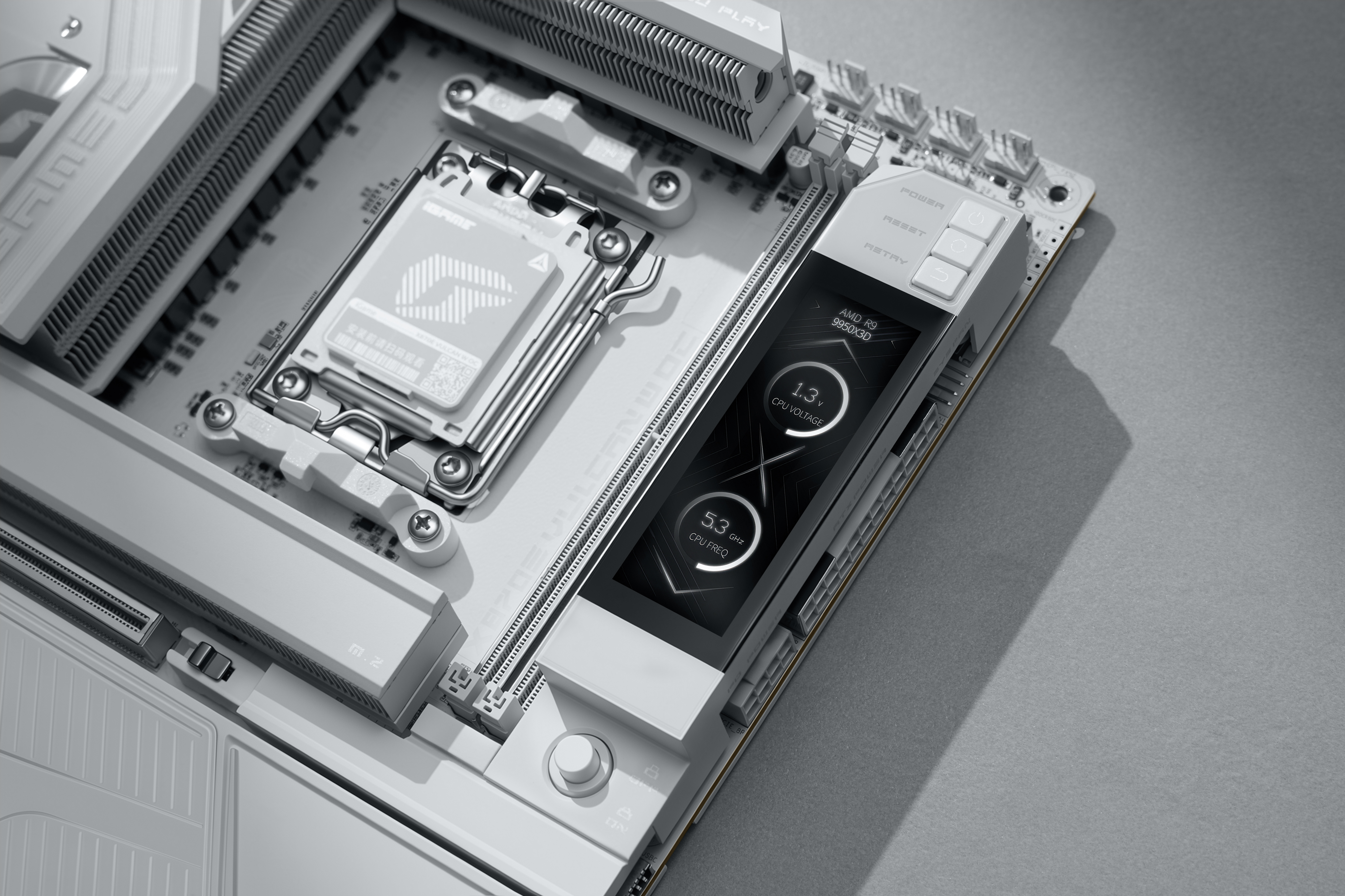 COLORFUL iGame X870E VULCAN W OC motherboard with white heatsinks and Smart LCD on display