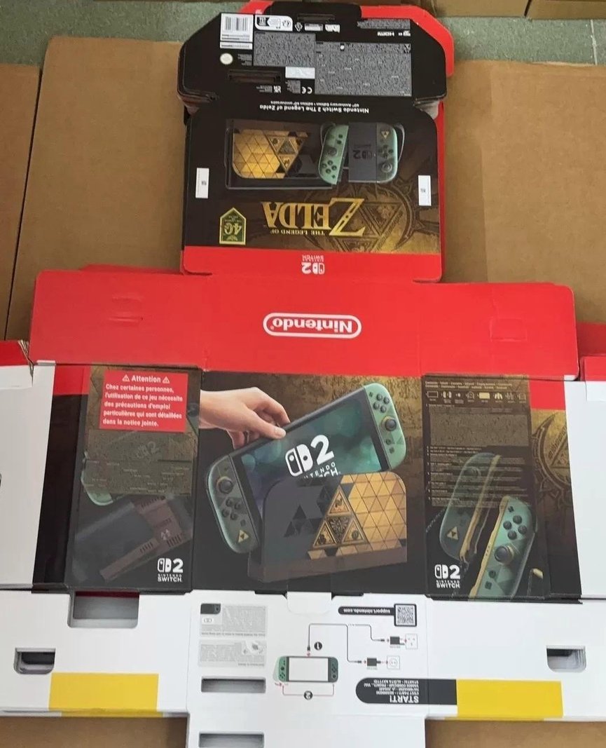 Zelda 40th anniversary Nintendo Switch 2 packaging with Triforce dock and green Joy-Cons
