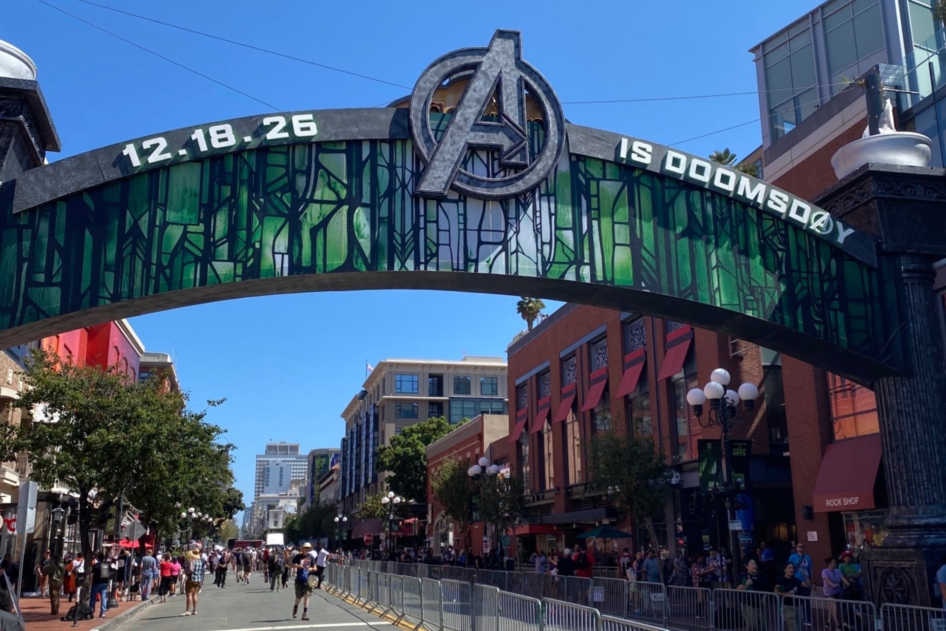 Avengers: Doomsday advert covering San Diego's Gaslamp Quarter arch during Comic-Con