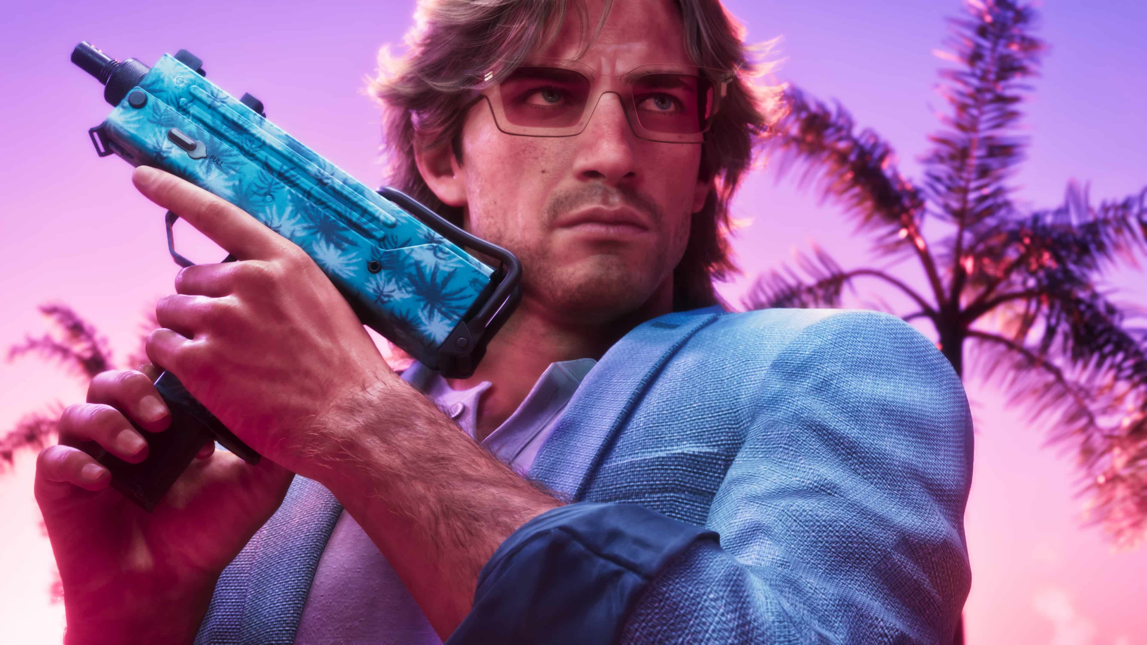 GTA 6 key art of Jason with a submachine gun against a purple Vice City sky