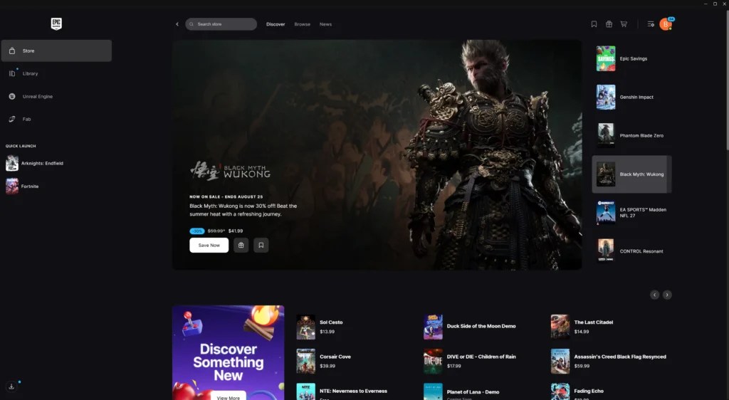 Screenshot of the Epic Games Store desktop launcher showing its game library