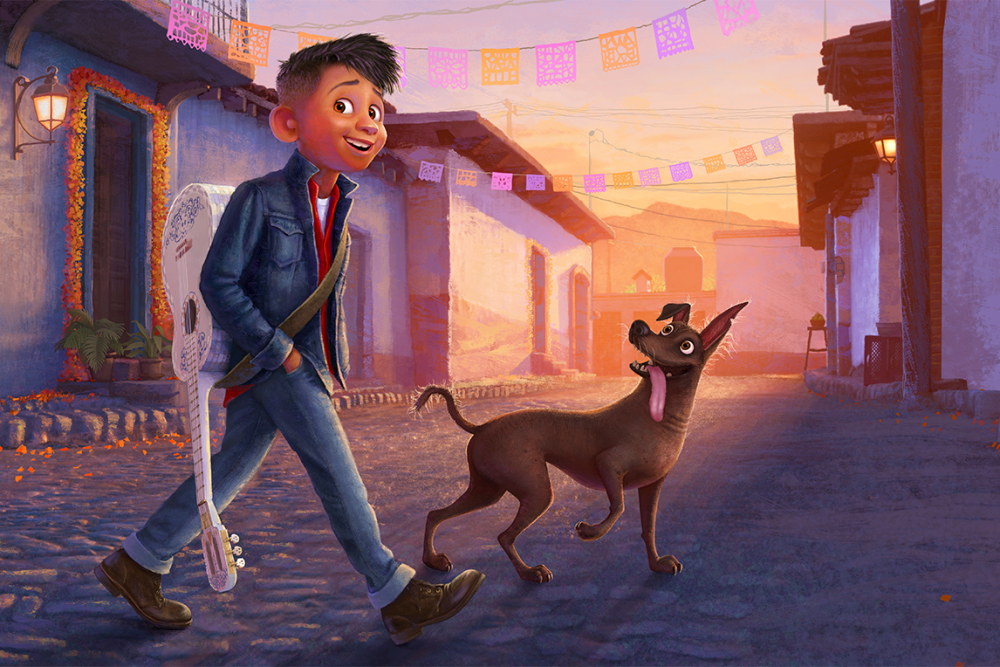 Coco 2 concept art showing teenage Miguel with Dante, revealed at D23