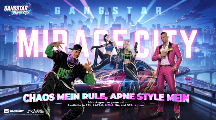 Key art for Gangstar Mirage City, Gameloft's free-to-play open-world mobile game