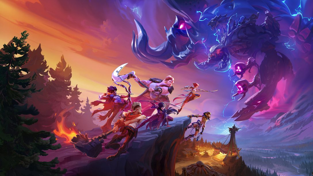 Horizon Hunters Gathering key art showing three hunters facing a giant mechanical beast