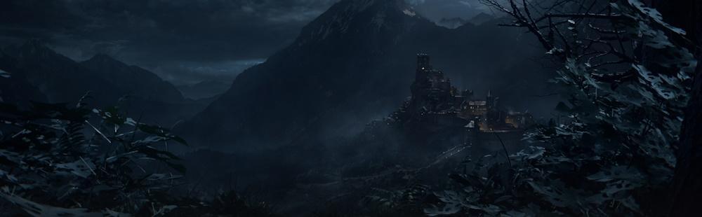 The Blood of Dawnwalker key art shows a gothic castle looming over a misty valley