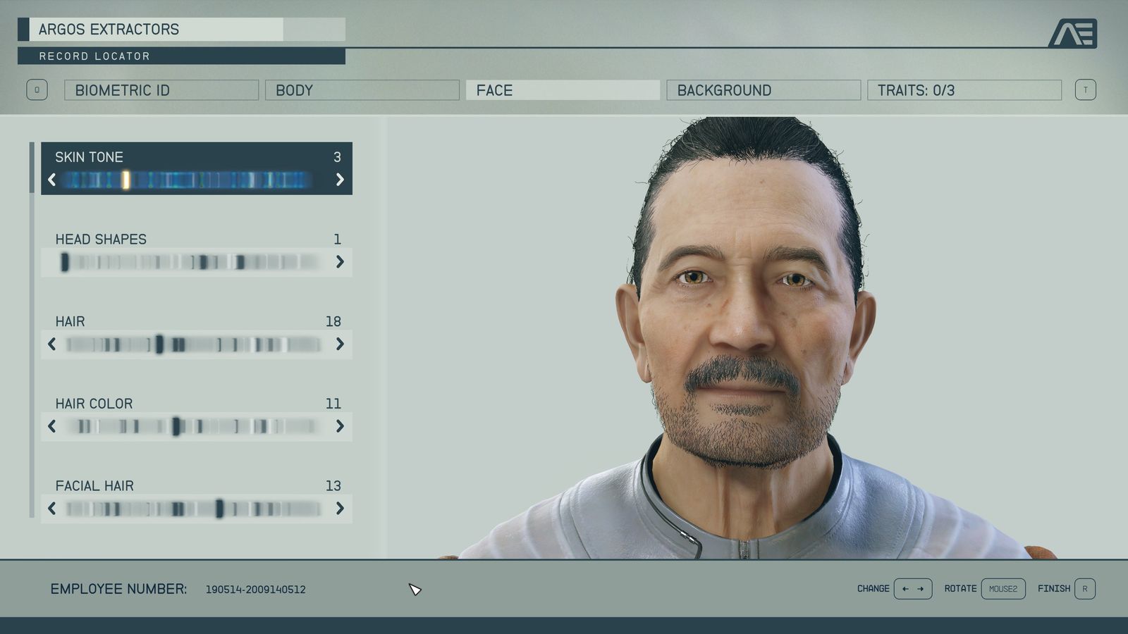 Starfield character creation screen showing the employee number that spells Sentinel