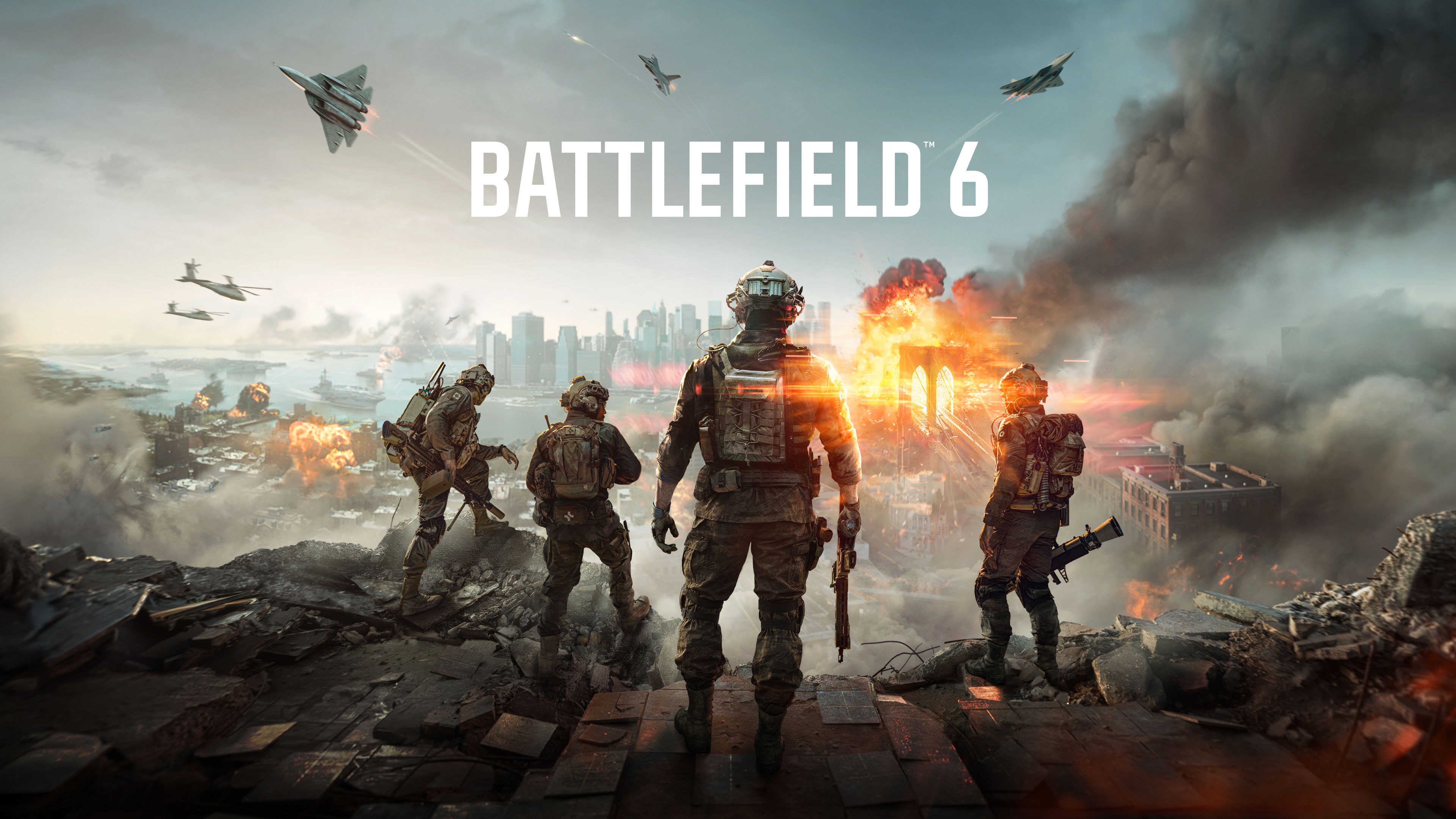 Battlefield 6 soldiers overlooking a city battlefield in official EA key art