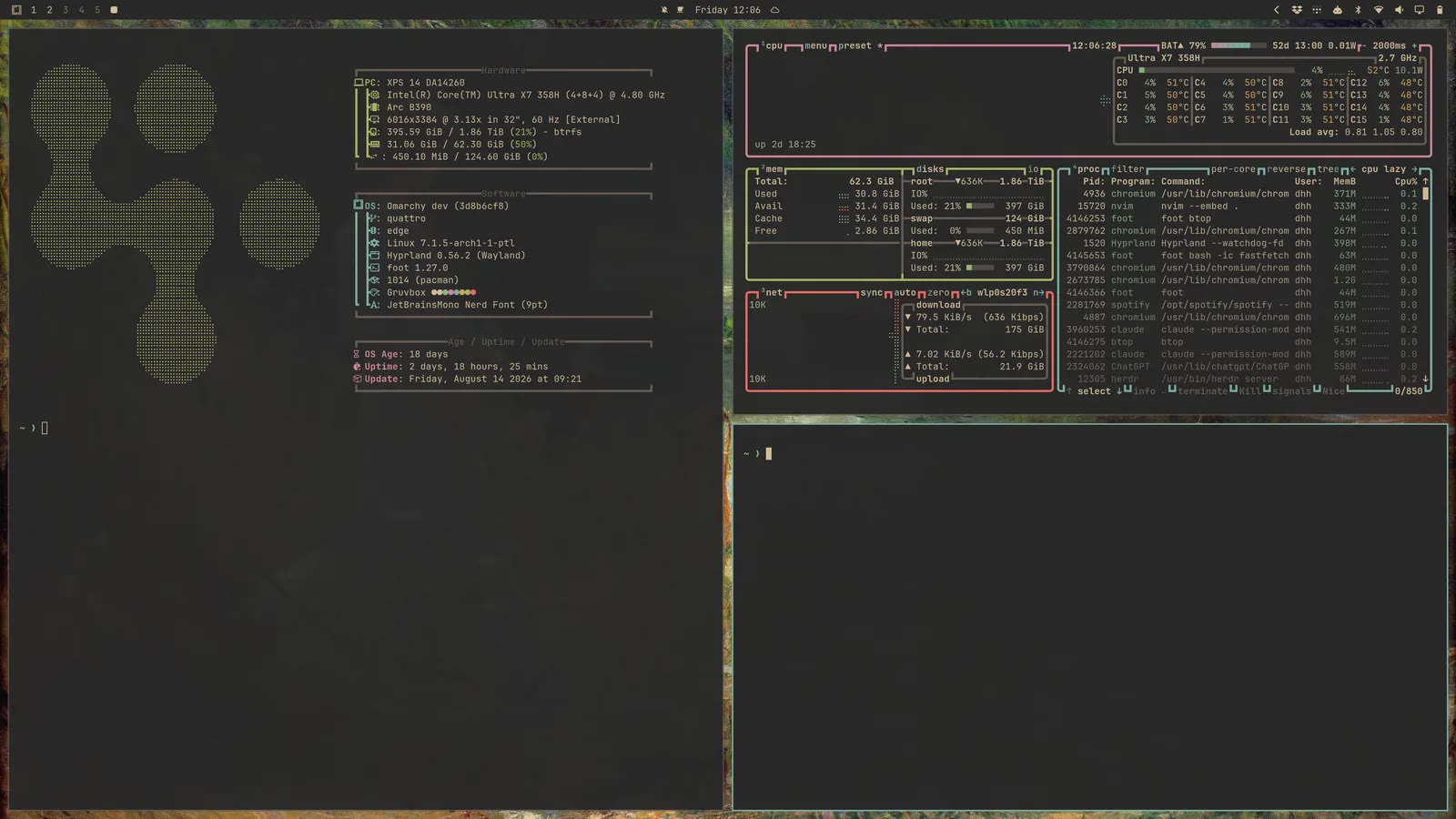 Omarchy desktop showing the Hyprland tiling window manager with a system readout