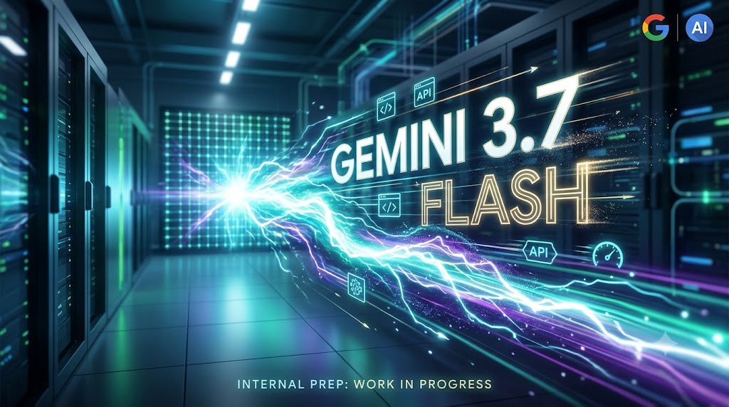 Gemini 3.7 Flash promotional render showing the model name over a dark server room