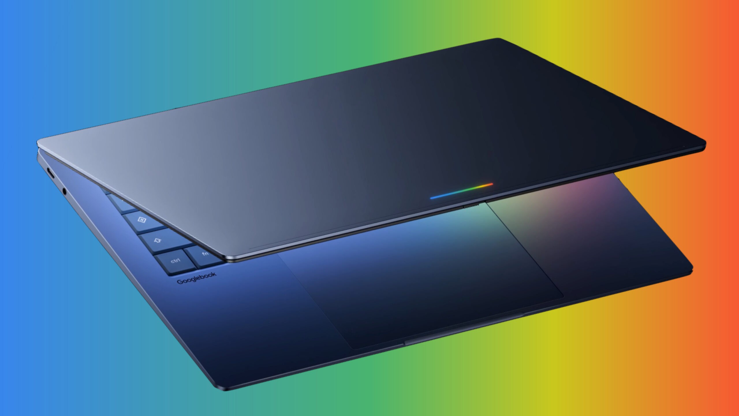 Googlebook laptop render against Google's colours, showing the signature glowbar design