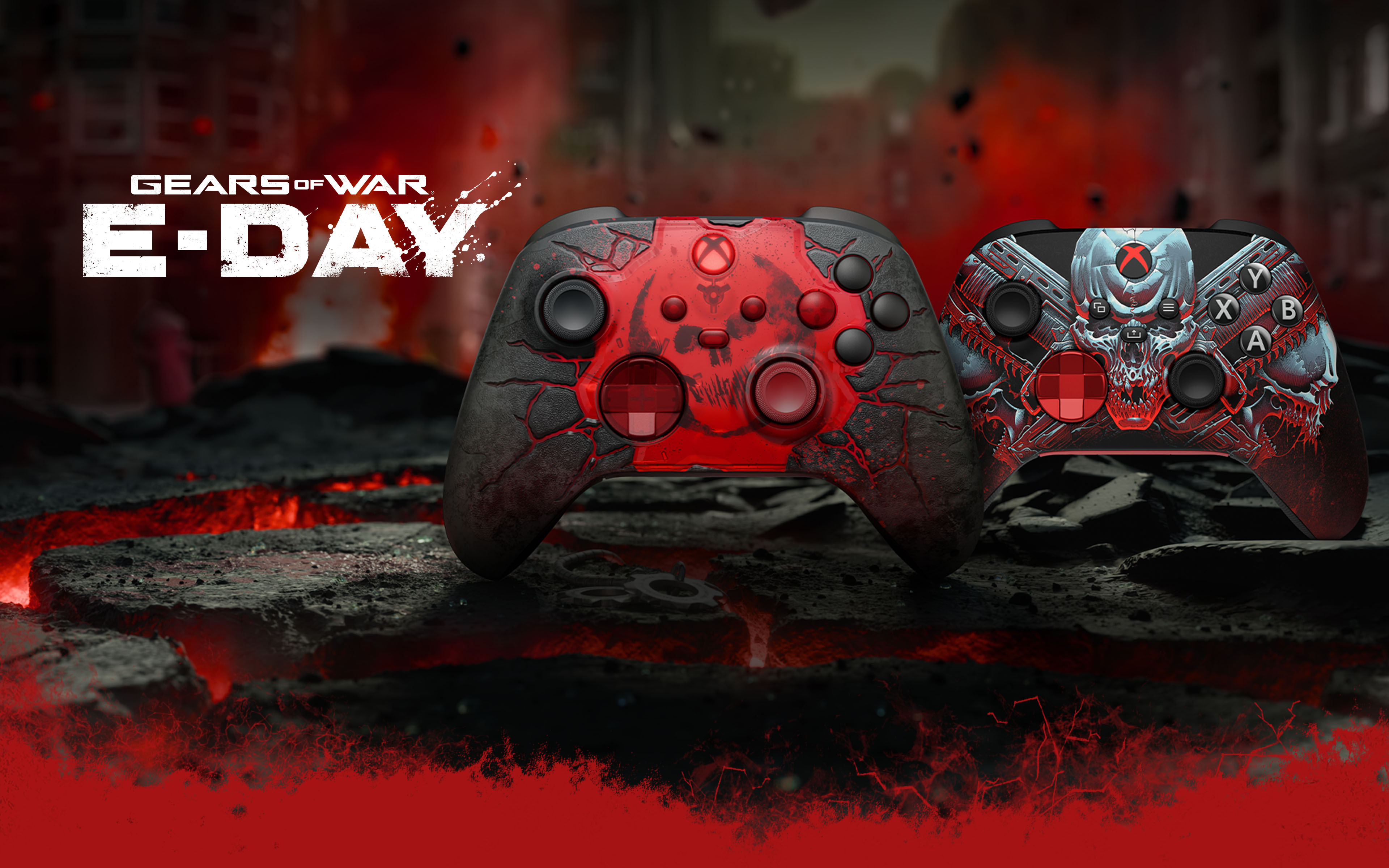 Two Gears of War E-Day Limited Edition Xbox Wireless Controllers on a lava battlefield